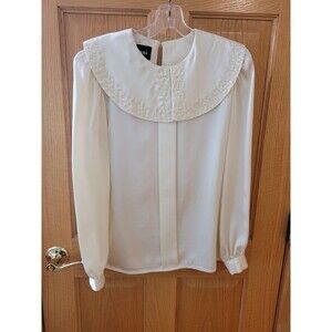 Nilani Blouse Womens 9/10 Modest ivory/cream Long Sleeve embroidered Bib Collar